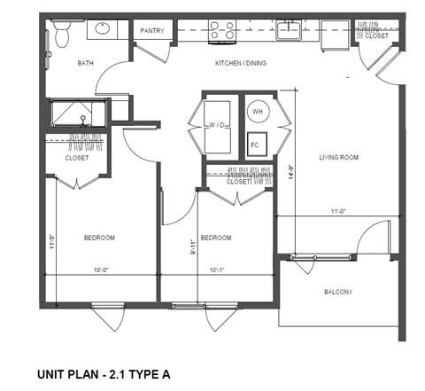 Floor plan for 2 beds, 1 bath, 775 sqft